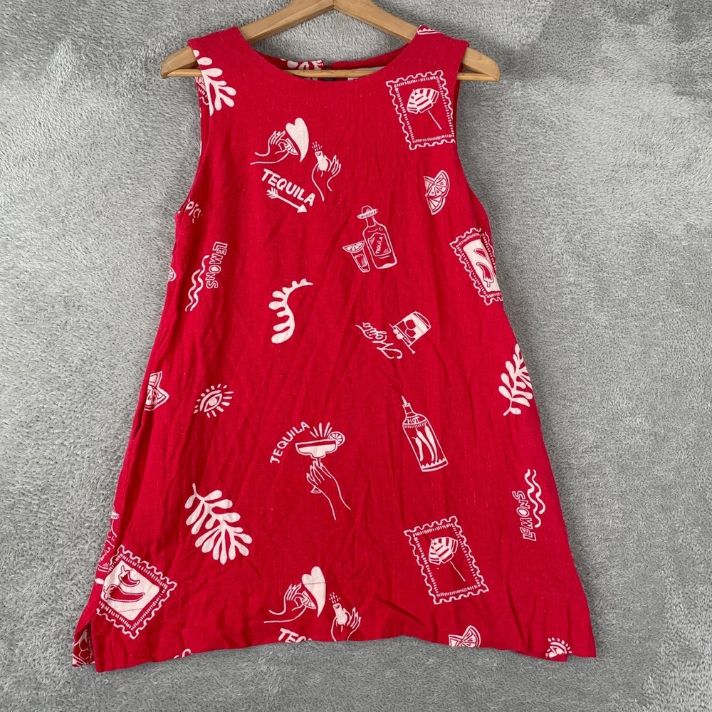 Paper Heart Tequila Print Dress Womens Medium Red Linen Blend Summer Shift